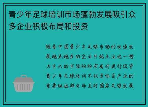 青少年足球培训市场蓬勃发展吸引众多企业积极布局和投资